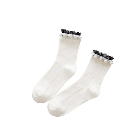 

NUOLUX 1 Pair Medium Tube Cotton Stocking Japanese Lace Pearl Socks Pile Socks Lady Socks for Student Girl (White)