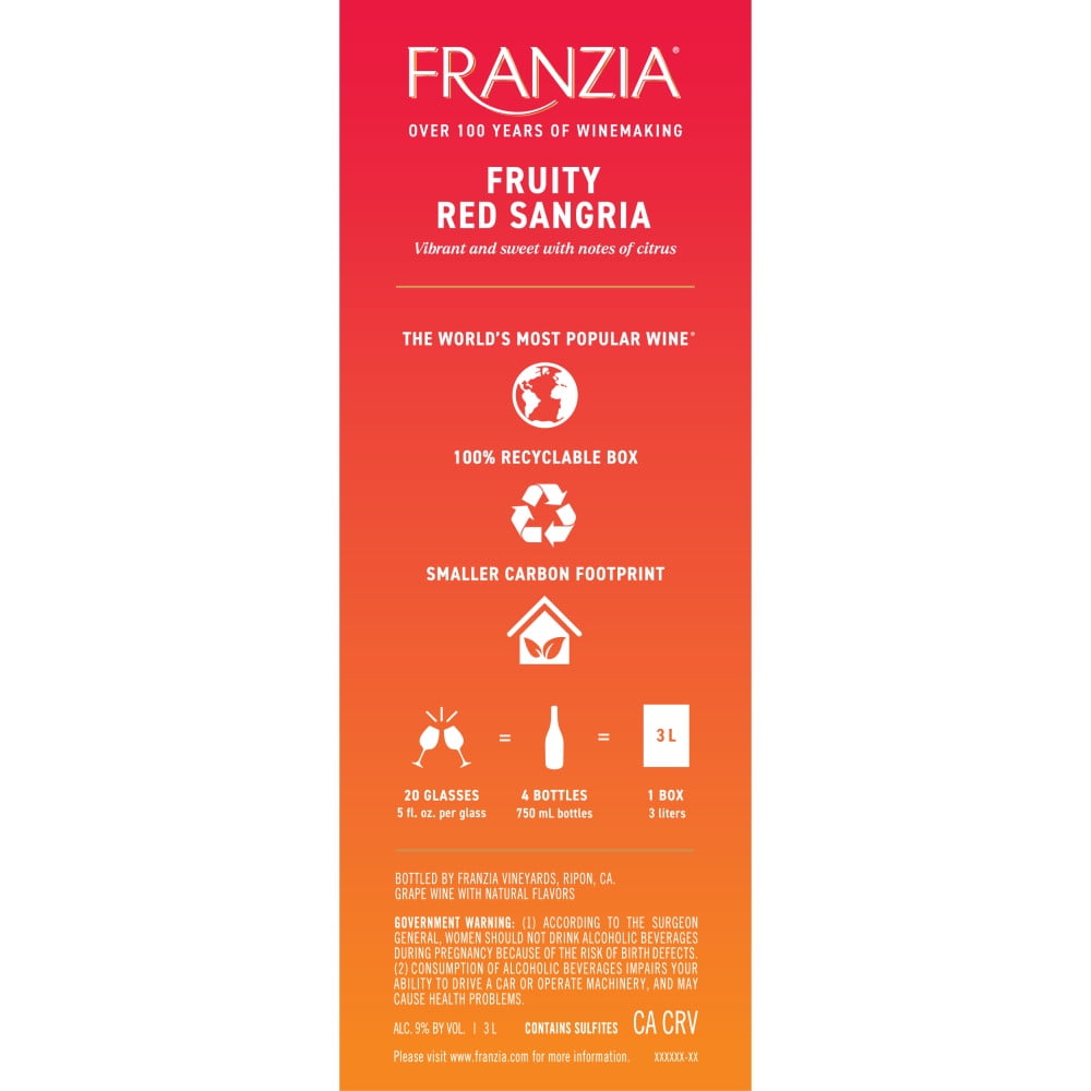 Franzia Fruity Red Sangria House Favorites  California, 3 L Bag in Box, 9% ABV