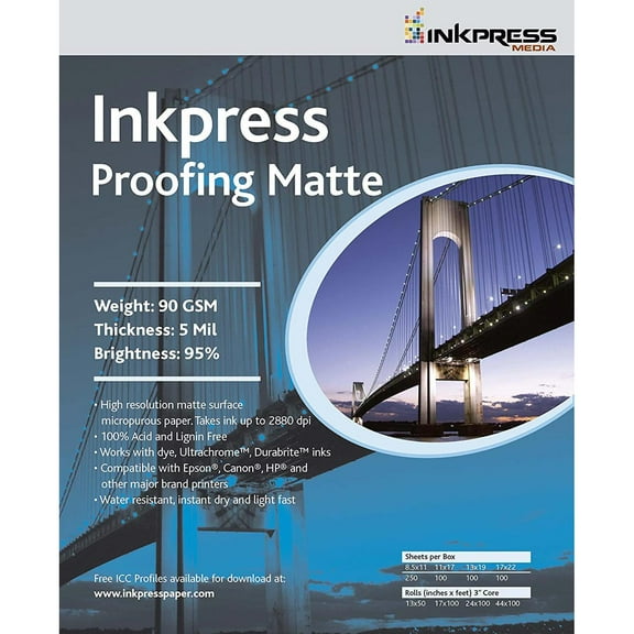 Inkpress Proofing Matte Single Sided Bright Alpha Cellulose Photograde Inkjet Paper, 5mil., 90gsm., 11x17", 100 Sheets