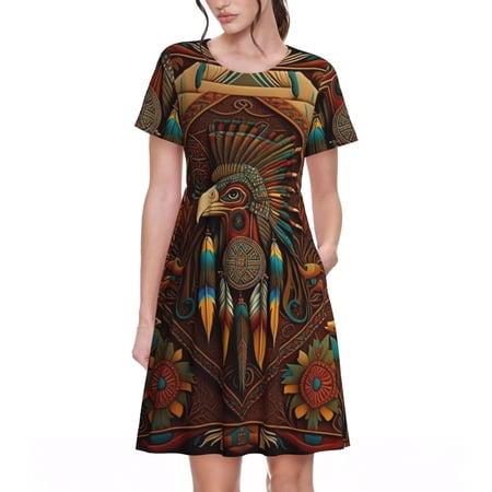 Women's A-Line Dresses Casual Short Sleeve T-Shirt Dress Summer Sundress, Southwestern Ethnic Art Native
