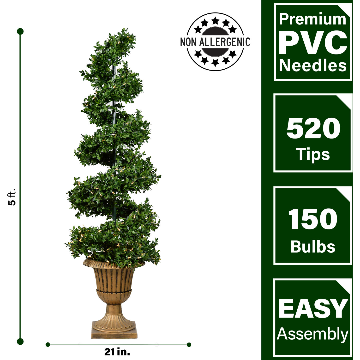 5-Ft Set of 2 Boxwood Spiral Porch Accent Trees in Gold Urn Pot with Warm White LED Lighting - image 5 of 5