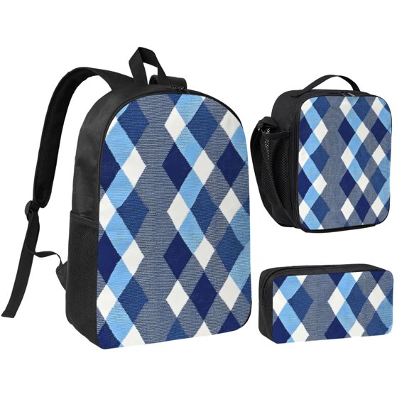 3pcs Casual Daypack 17 Inch Backpack Set Bookbag Pencil Case Lunch Bag Combination For Travel Work Camping Argyle Plaid Deepskyblue_1