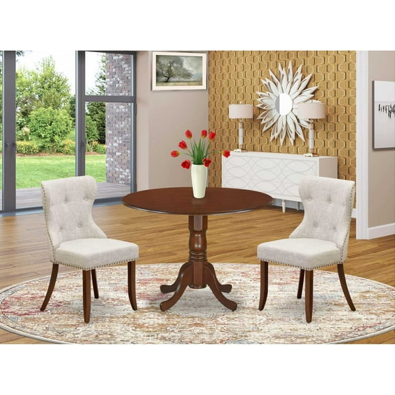 East West Furniture East-West Furniture DLSI3-MAH-35 - A dining room table set of two wonderful dining chairs using Linen Fabric Doeskin color and a fantastic two 9" drop leaf round pedestal...