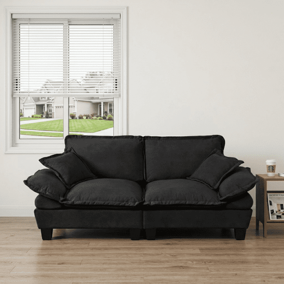2-Seater Loveseat Sofa Couch, Modern Fabric Small Sofa with Throw Pillows, Comfy Cloud Couch for Living Room Bedroom Apartment (Black)