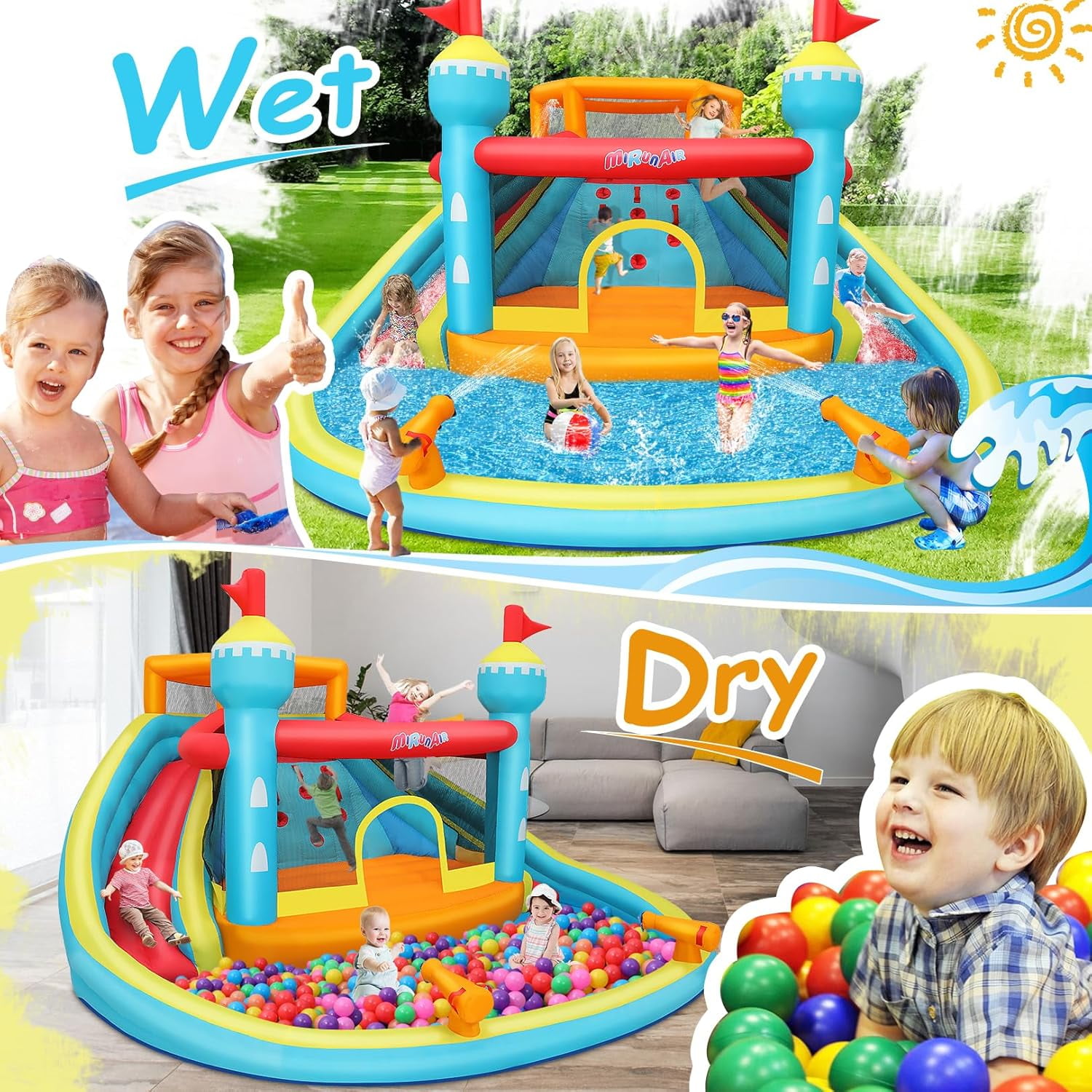 Adnoom 13.8FTx14.1FT Inflatable Pool Water Slide with Double Slides, Indoor Bounce House W/520W Blower,Jumpy House,climbing Wall&Water Cannon,Large Inflatable Water Park for Big Kids 3-10