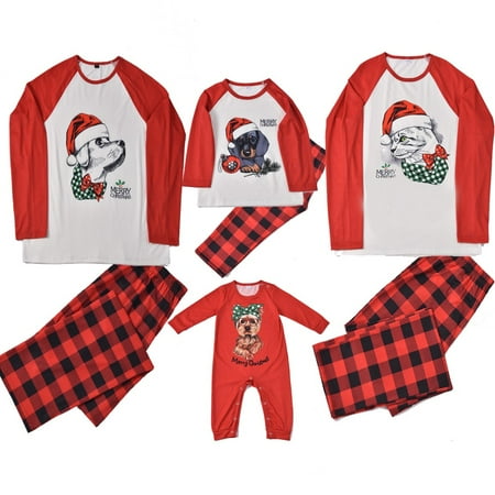 

Matching Family Pajamas Sets Christmas PJ s Puppy with Hat Print Top and Plaid Pants Jammies Sleepwear