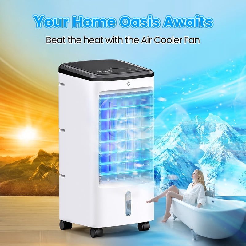 Windowless Air Conditioners, 4 In 1 Portable Swamp Cooler with 2 Water Tanks, Room Air Conditioner with 4 Ice Packs, Remote, 12H Timer, 3 Speeds 4 Modes, Ductless Cooler for Indoor Home Office