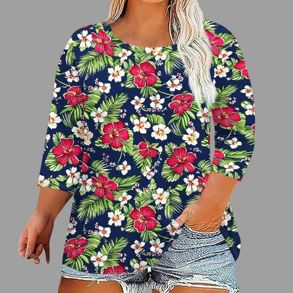 Viluyesy Plus Size 3/4 Sleeves T-Shirt Women Round Neck Shirt Tops Loose Blouse Navy Size 5XL