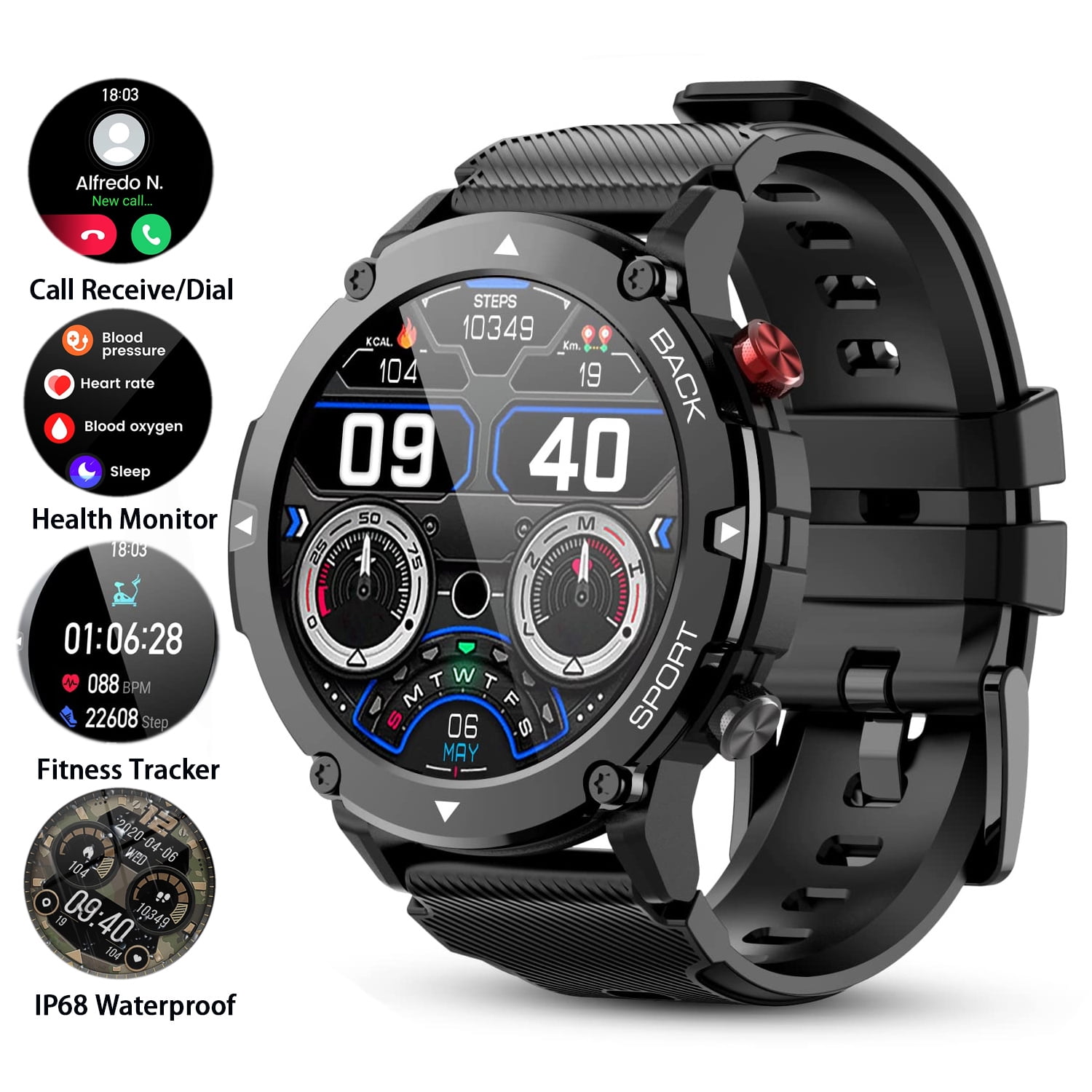ifanze Military Smart Watches for Men, Bluetooth Call Receive Dial, 1. ...