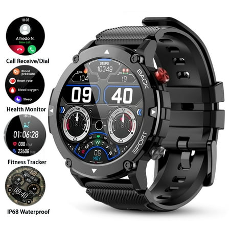 Doosl Military Smart Watches for Men, Bluetooth Call Receive Dial, 1.32" IP68 Waterproof Rugged Smartwatch for iPhone/Android, C21 Outdoor Tactical Sports Fitness Tracker with Heart Rate, Black