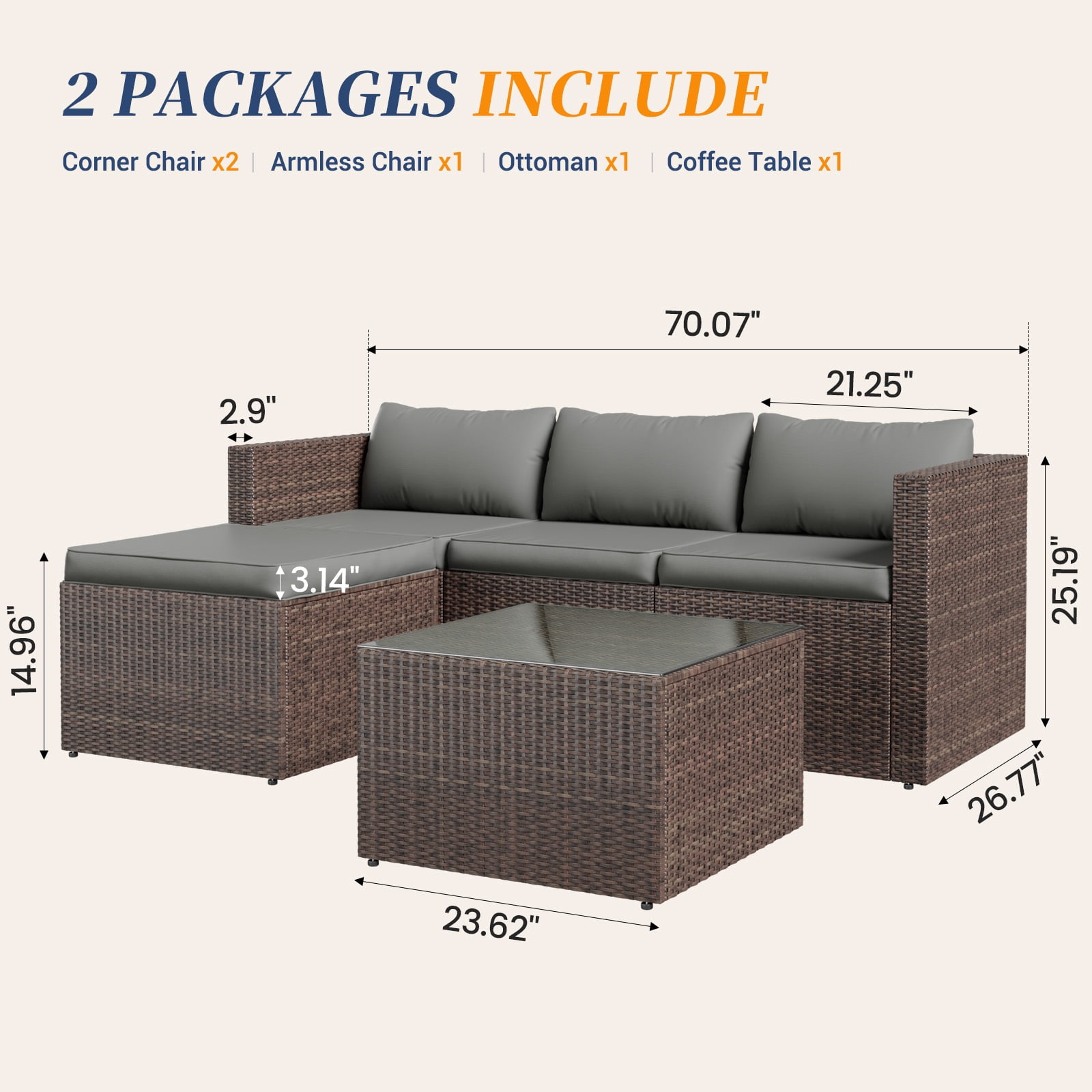 ELPOSUN 3-Piece Patio Furniture Set,Patio Conversation Set All-Weather Wicker Outdoor Sectional Sofa Set with Table & Cushions, Grey