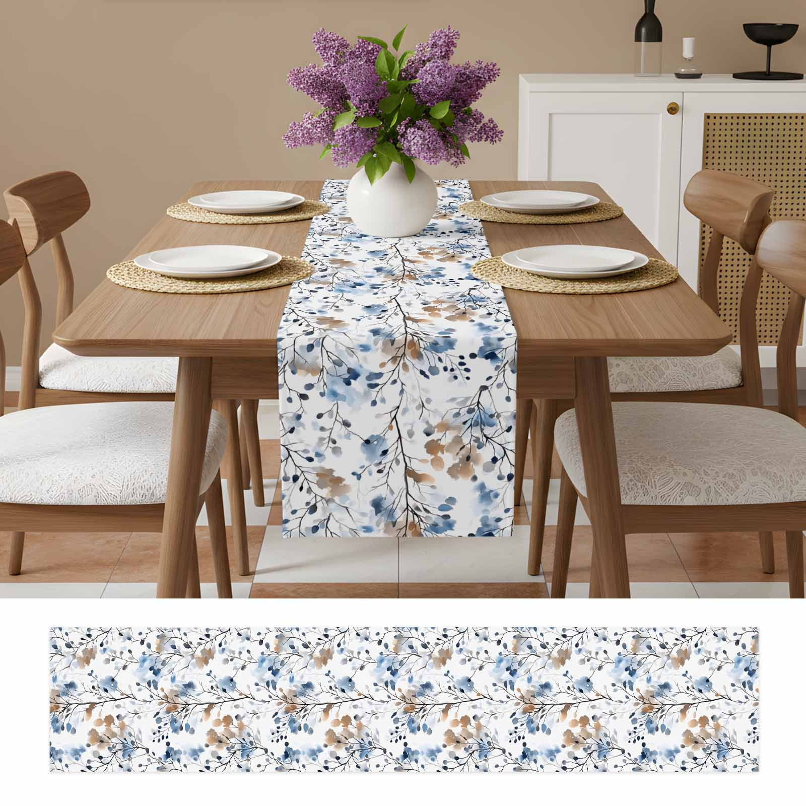Blue Brown Spring Floral Table Runner, Summer Botanical Art Washable Cotton Linen Table Runners 90 Inches Long, Dresser Scarf Runner for Dining/Coffee/Kitchen/Hallway Tables 13''x90''