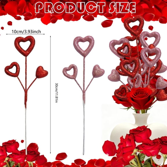 ZHANQUNE Glitter Heart Picks, 24 Pack Valentine's Day Decorations Puffy Sparkly Hearts on Wooden Sticks for Wedding Arrangements, Vase Bouquet and Table Centerpiece