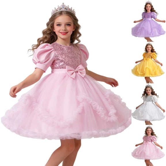 Afuyipoi Girls Sequins Puff Sleeve Tulle Dress (2-11 Years) Summer Round Neck Mesh Bowknot Princess Party Gown for Flower Girl Pink 3T