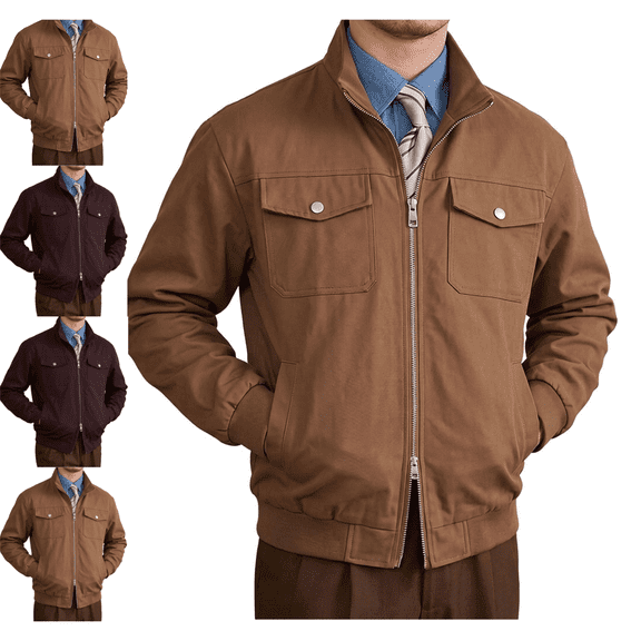 VEKDONE Mens Bomber Jacket Canvas Satnd Collar Zip Up Loose Fit Casual Coat Long Sleeve Ribbed Cuffs and Hem Stylish Utility Jacket Winter Lounge Clothing for Daily Wear