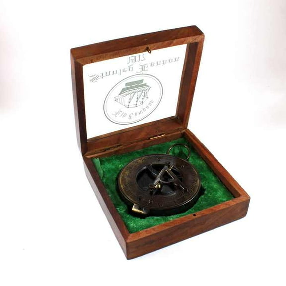Antique Vintage Finish Brass 3" Sundial Directional Compass Wooden Glass Box Metal Sundial Customised Logo