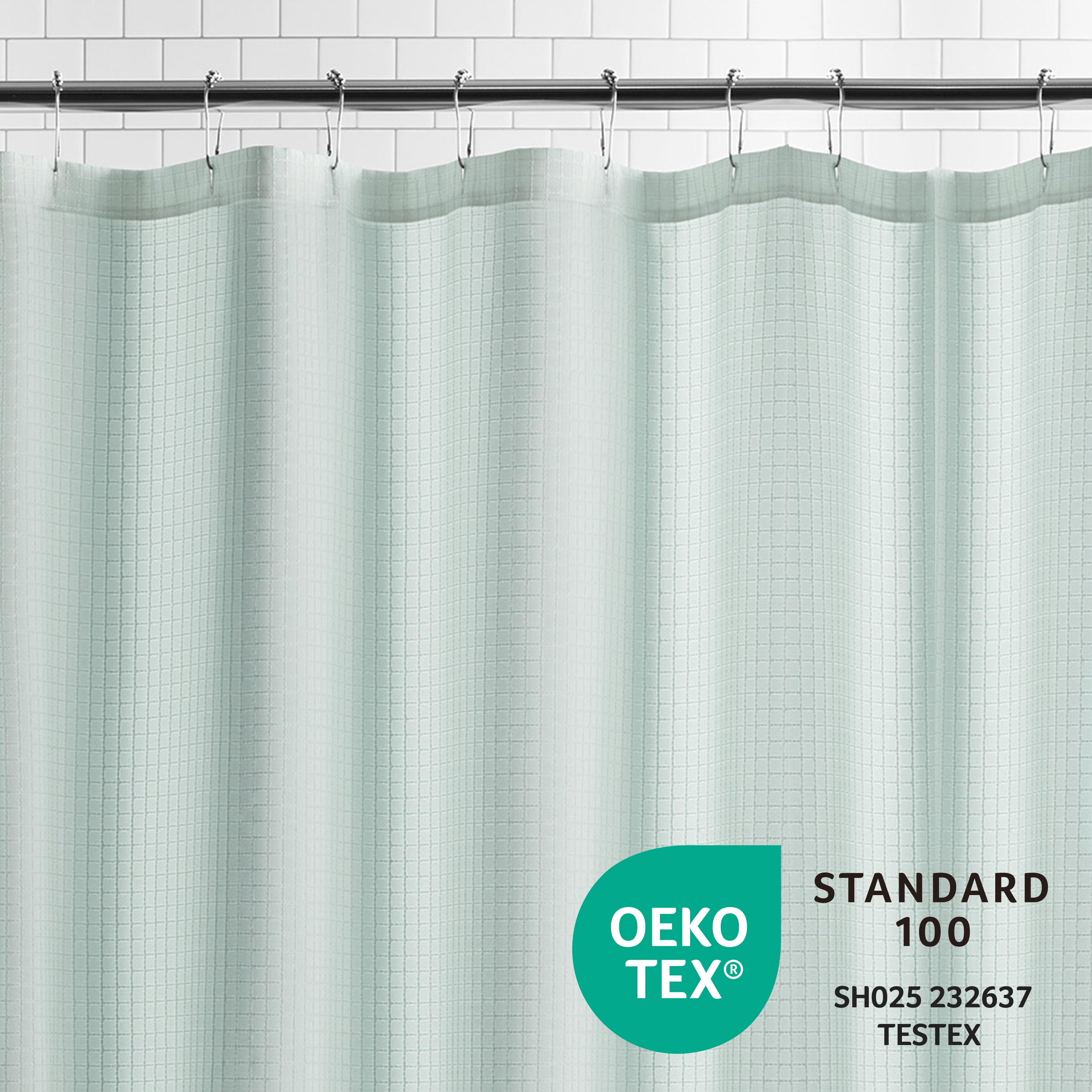 Mainstays Waffle-Weave Fabric Shower Curtain with Recycled Polyester, 72 in x 72 in, Green