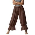 thumbnail image 5 of Women Linen Lace Trim Long Bloomers Pants Ruffle Victorian Vintage Pantaloons Summer Beach Travel Vacation Pants Coffee L, 5 of 6