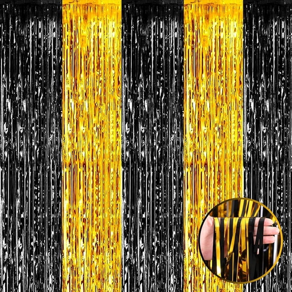 KIRIKOU Pack of 3 Foil Fringe Curtains Backdrop Party Decoration, Metallic Tinsel Curtain Photo Backdrop for Birthday Bachelorette Party Bridal Baby Shower Decorations (Black & Gold, 3.2ft x 6.5ft)