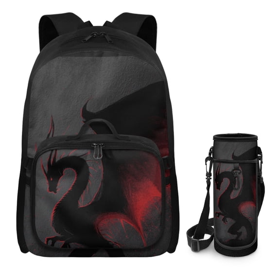 chaqlin Red Dragon 3Pcs Kids Teens Backpack Set Schoolbag with Lunch Box Water Bottle Carrier Preschool Primary Middle School Student Bookbag School Backpacks Girls Book Bag Age 6-8 10-12