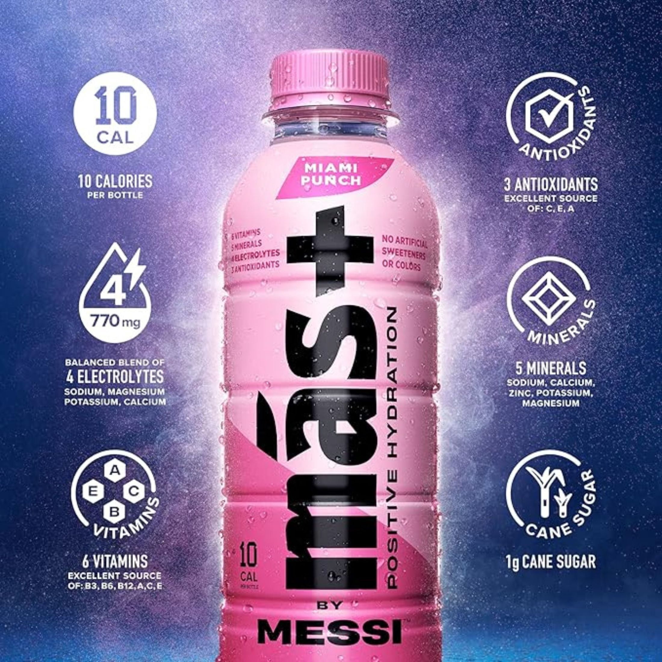 (2 pack) Mas+ by Messi Hydration Sports Drink Miami Punch, 16.9 fl oz Bottle