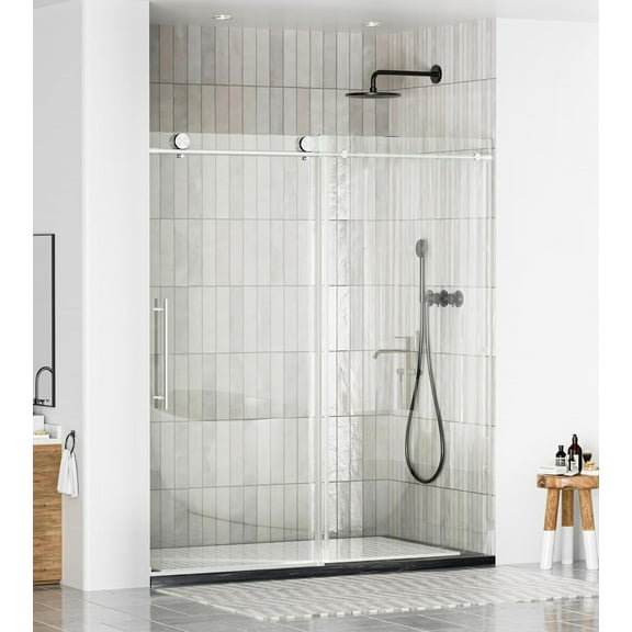 WinZo Frameless Shower Door 56-60" W x 76" H, Glass Shower Door, Shower Sliding Door with 5/16"(8mm) ANSI Clear Tempered Glass, Explosion-Proof Film, Stainless Steel Hardware, Brushed Nickel