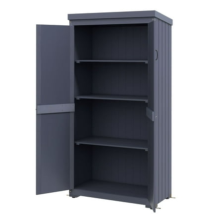 Garden Shed Outdoor Storage Cabinet - Gray Wood Lockable Tool Shed with Galvanized Roof - Slim Backyard Storage for Lawn & Garden - 3 Shelf Organizer