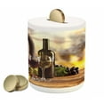 thumbnail image 1 of Wine Piggy Bank, Red and White Wine Bottle Glass on Wooden Keg Quality Taste Traditional, Ceramic Coin Bank Money Box for Cash Saving, 3.6" X 3.2", Brown Pale Green Yellow, by Ambesonne, 1 of 4