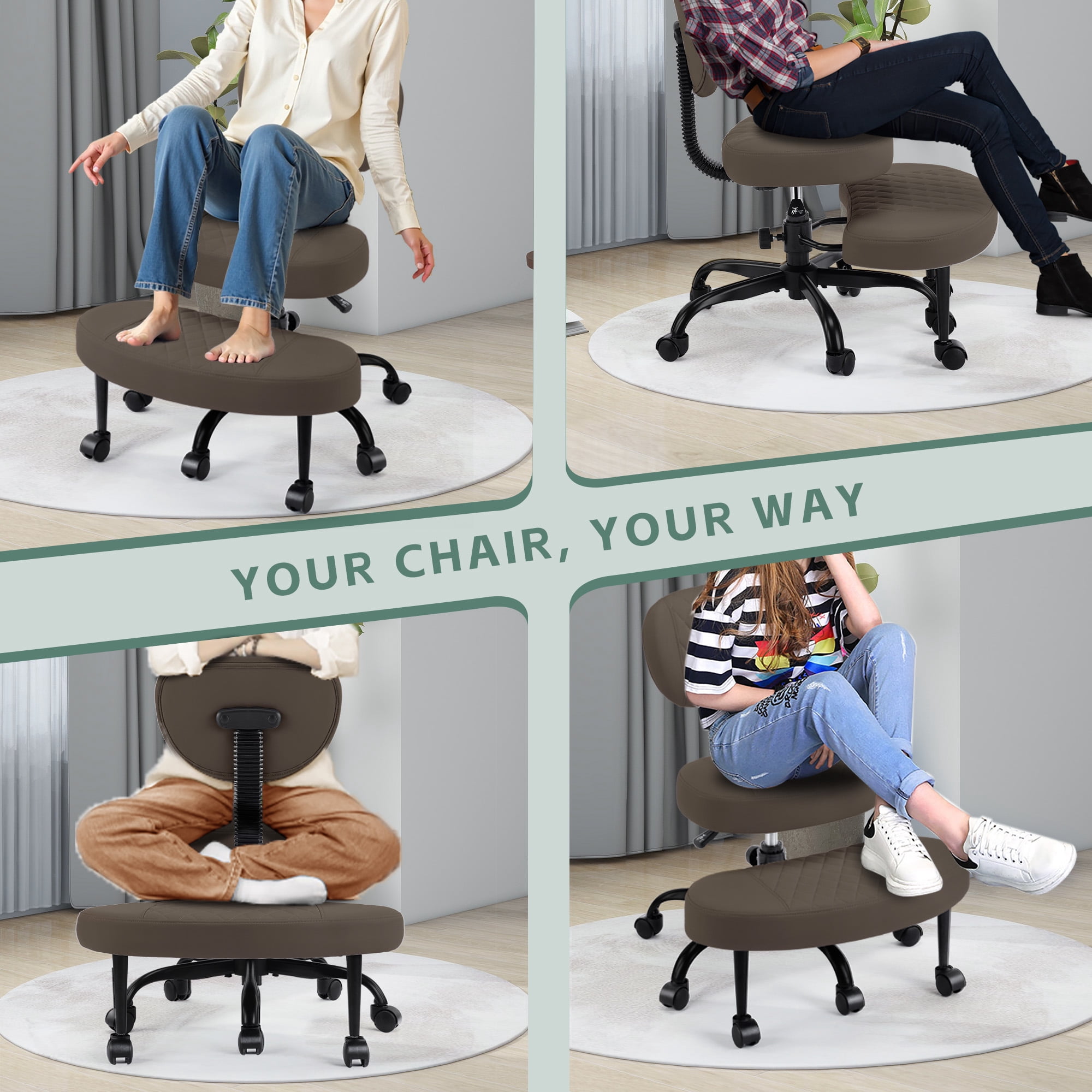 Dhole Ergonomic Cross-Legged Office Chair with Back Support - Adjustable Kneeling Stool for ADHD & Meditation, 360° Swivel Base with Wheels for Home Office, Brown