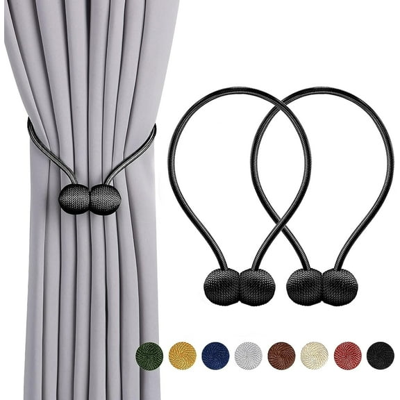 Magnetic Curtain Tiebacks,Modern Curtain Holdbacks Drape Tie Backs Buckles Weave Ropes Holders for Window Draperies (2 Pack, Black)
