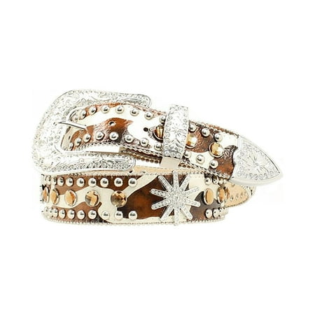 English Spur Belt - Blazin Roxx Women's Cowhide Print Spur Rowel Conchos Belt Brown White S