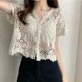 thumbnail image 4 of ZPAQI Women French Style Short Sleeve Lace Shrug Hollow Out Crochet Knit Bolero Cardigan V-Neck Button Down Sheer Crop Jacket, 4 of 9