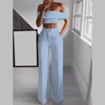 thumbnail image 2 of Fall Linen Pant Sets Women 2 Piece Outfits Two Piece Lounge Sets for Women Maternity Women'S Spring/Summer Solid One-Line Shoulder Ruffled Short Sleeve Floor-Length Pocket Pantsuit, 2 of 6