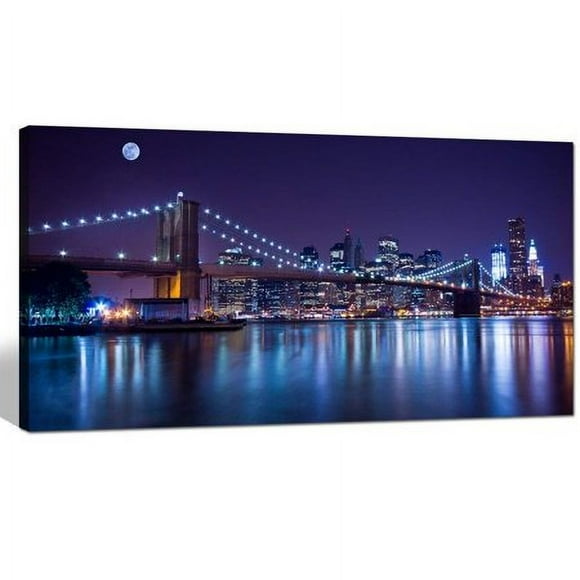 sechars - Brooklyn Bridge Canvas Wall Art Large Size 24""x48"" Modern New York City Canvas Print Manhattan Skyline with Full Moon Giclee Wall Art for Home Office Wall Decor Framed and Ready to Hang