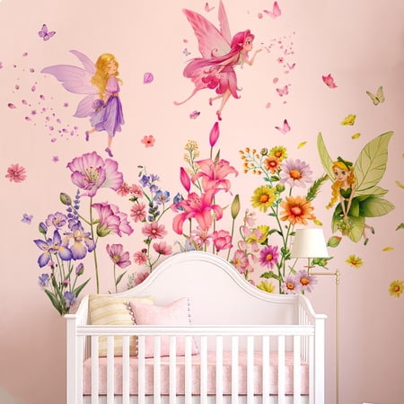 Flower Fairy Wall Stickers Butterfly Girl Wall Decals Removable Art Sticker Peel and Stick for Girls Baby Nursery Kids Bedroom Living Room Bathroom