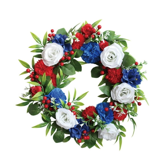 Red White Blue Flower Wreath - 17.7 Inch Patriotic Wreath for 4th of July, Memorial Day & Independence Day, Front Door Hanging Decor for Home, Porch & Window Display