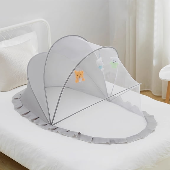 Portable Baby Mosquito Net Tent with Hanging Toys, Foldable Infant Canopy Bed Netting with Ruffle Trim for Newborns and Toddlers, Travel Nursery Mesh Cover, 49" x 21" x 21"