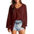 thumbnail image 2 of hotojiny Fall Tops for Women Long Sleeve Casual Knit Pullover Tops V Neck Solid Color Oversized Loose T Shirts, 2 of 7