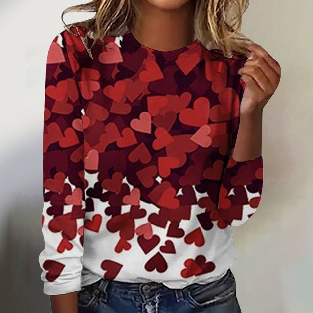 T-shirts de Saint-Valentin pour Femmes, Chandail en Molleton à Col Rond avec Cœur d'Amour, Chandail Mignon Gnome, Hauts, Tenues, Vêtements, Mode pour Dames, Col Rond, Manches Longues, T-Shirt Imprimé Saint-Valentin