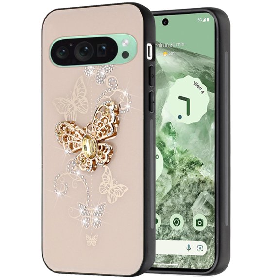 For Google Pixel 9 6.3inch SPLENDID Diamond Glitter Ornaments Engraving Case Cover - Good Luck Floral Gold