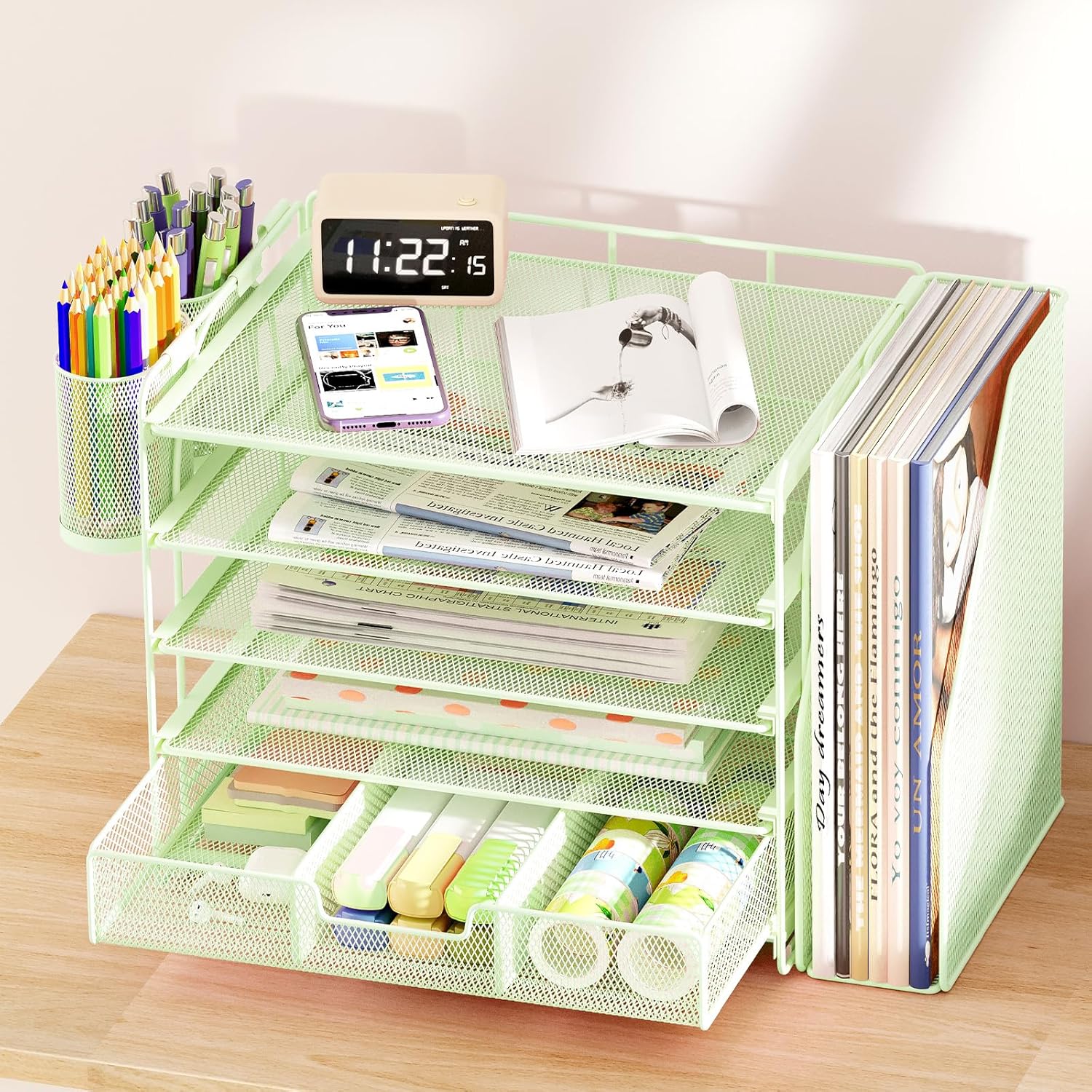 ThrottleT-Desk Organizers and Accessories with File Holder, 5-Tier Office Desk Accessories & Workspace Desktop Organizer with Drawer and 2 Pen Holder, File Paper Organizer for Office Supplies(Green)