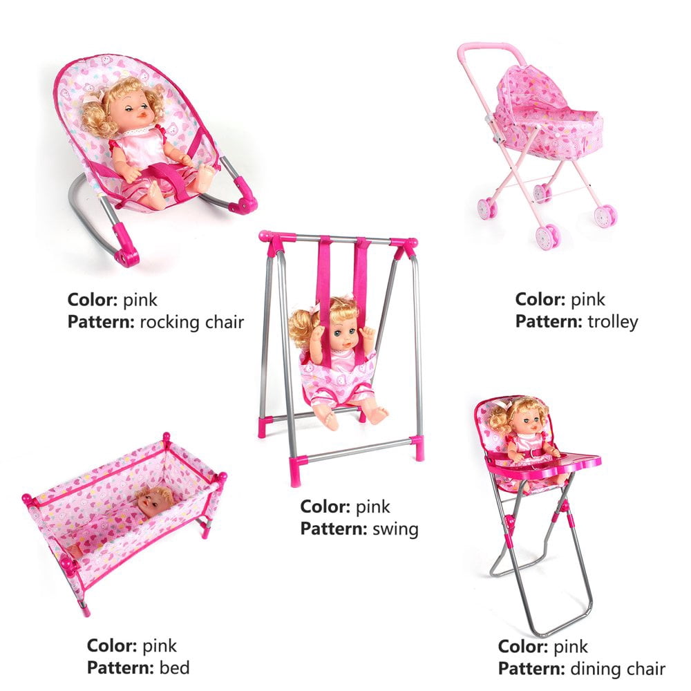Ensemble Poussette Et Accessoires Pour Poupée - Inclut Balançoire, Chaise à Bascule, Lit, Chaise - Jeu D'imitation Pour Fille