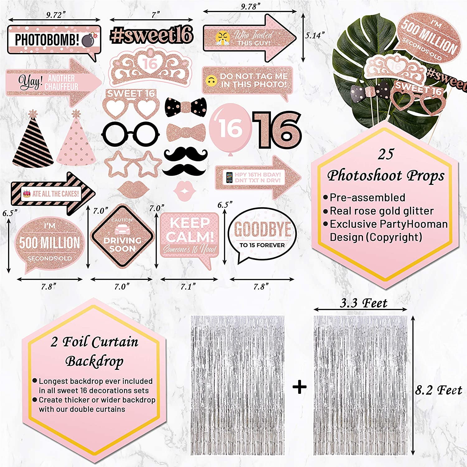 Sweet 16 Party Supplies WITH Photo Booth Backdrop and Props –Rose Gold Sweet 1 