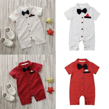 

Newborn Baby Boy Gentleman Outfits Short Sleeve Button Down Bow Tie Striped Romper