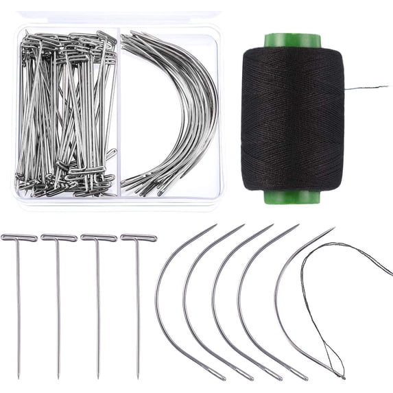 70 Pieces Wig Making Pins Needles Set, Wig T Pins and C Curved Needles with 328 Yard Thread for Wig Making, Blocking Knitting, Modelling and Crafts
