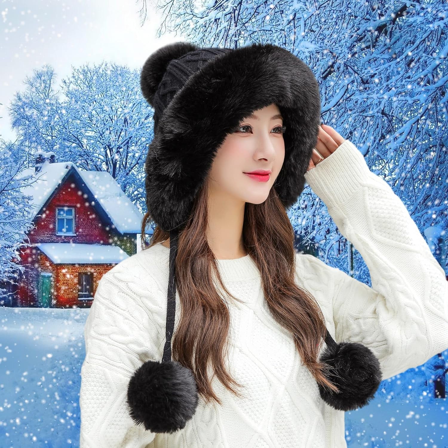 Zhengup Women Winter Peruvian Cover Ears Beanie Hat Ear Flaps Sherpa Ski Snow Hats Knit Fleece Lined 3 Pom Pom