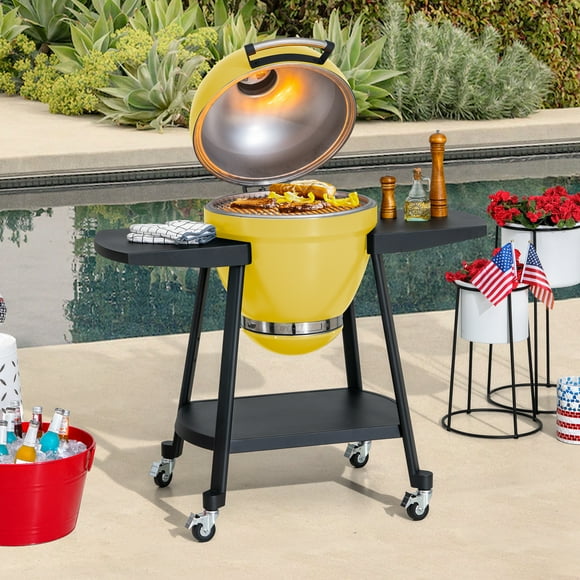 Sunjoy Grill Extérieur en Forme d’œuf Au Charbon de Bois de 20 pouces, Kamado avec Pierre à pizza, Barbecue et Fumoir Polyvalent avec Roues