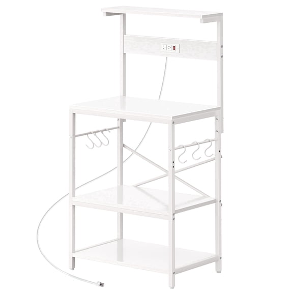 Amadwell Kitchen Bakers Rack, Power Outlet & Coffee Bar, 4-Tier Microwave Stand, 6 S-Shaped Hooks, Storage Shelf Rack for Spices, Pots and Pans, White
