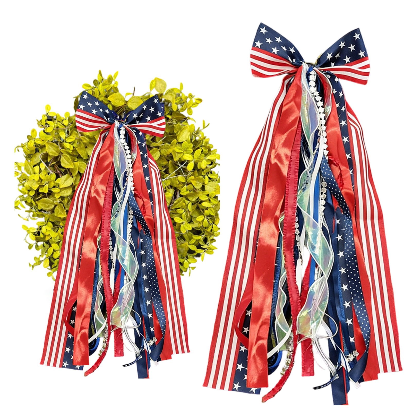 Red White Blue Patriotic Wreath Sash for Front Door, Assorted Ribbon Bundle with Star Charm, 4th of July Clip On Bow for Memorial Day Independence Day Decor Indoor Outdoor 2 Pcs