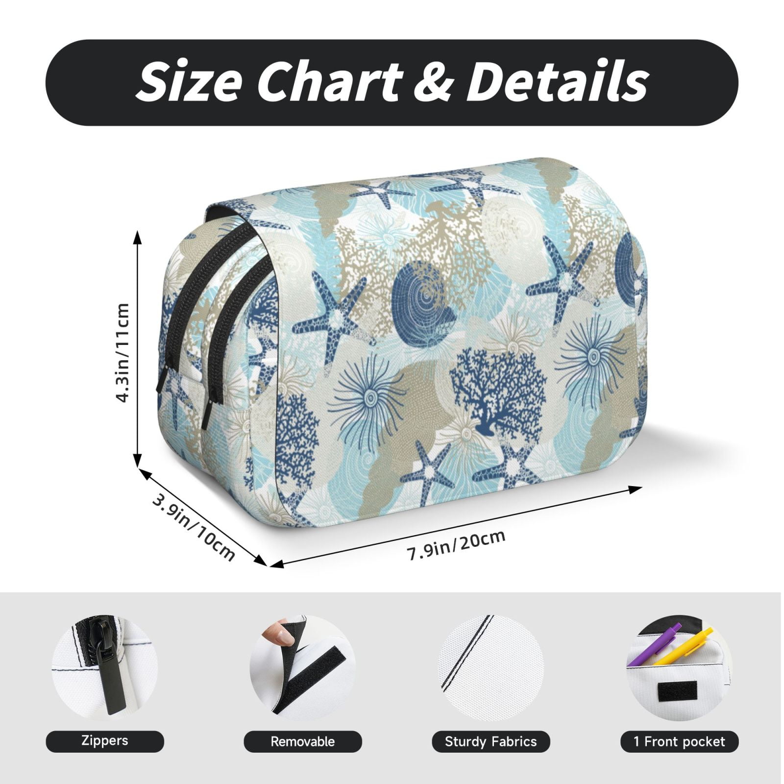 Rateoe Algae Corals and Seashells Pattern Double Clamshell Pen Case, Storage Organizer with Two Zipper Compartments– Holds Up to 50 Pencils & Pens